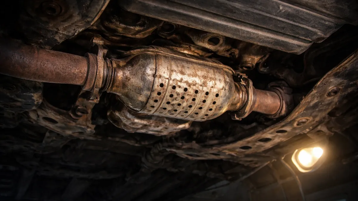 Catalytic converter on the underside of a vehicle on a lift