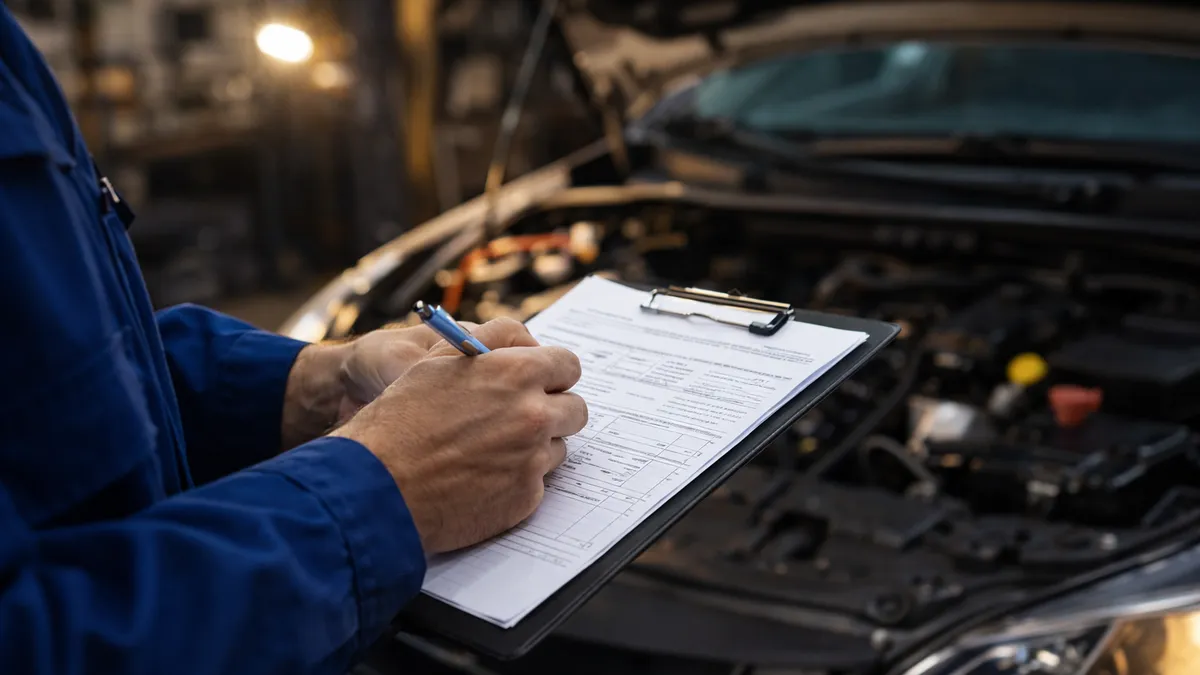 Mechanic holding a clipboard with paperwork next to a car in a shop