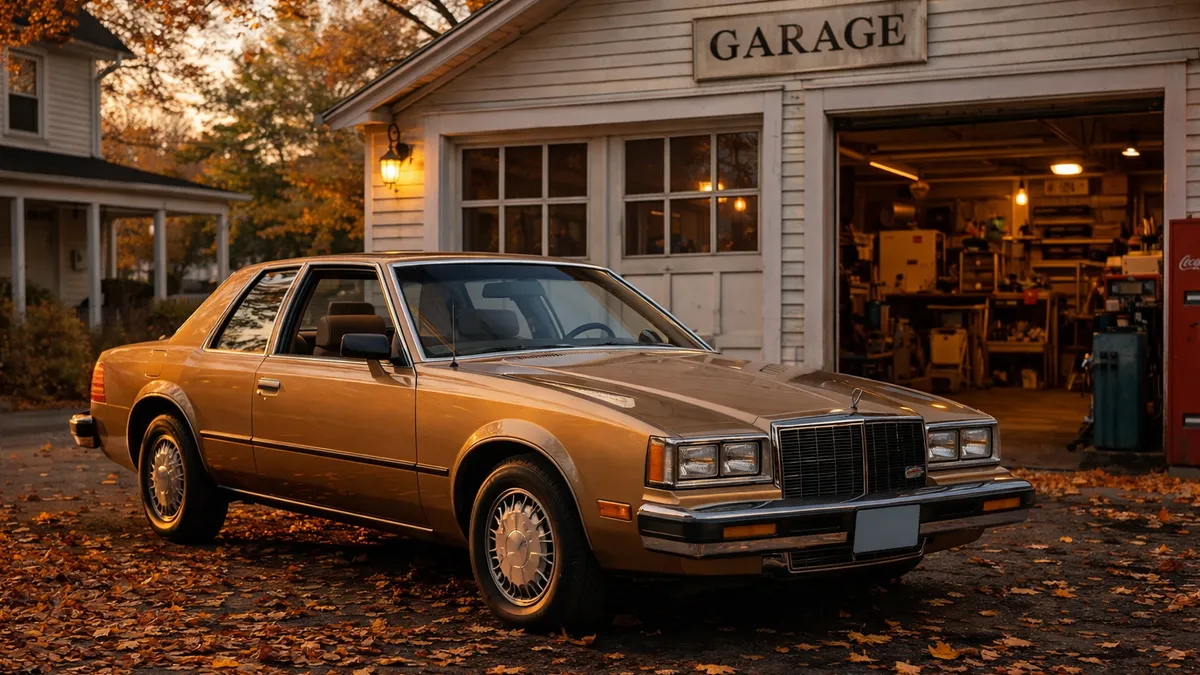 Classic vintage car parked in front of a New England garage