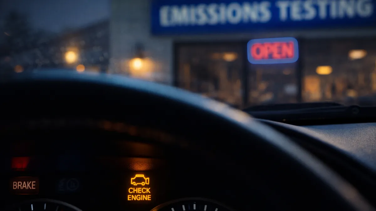 Check engine light on dashboard with emissions station visible through windshield