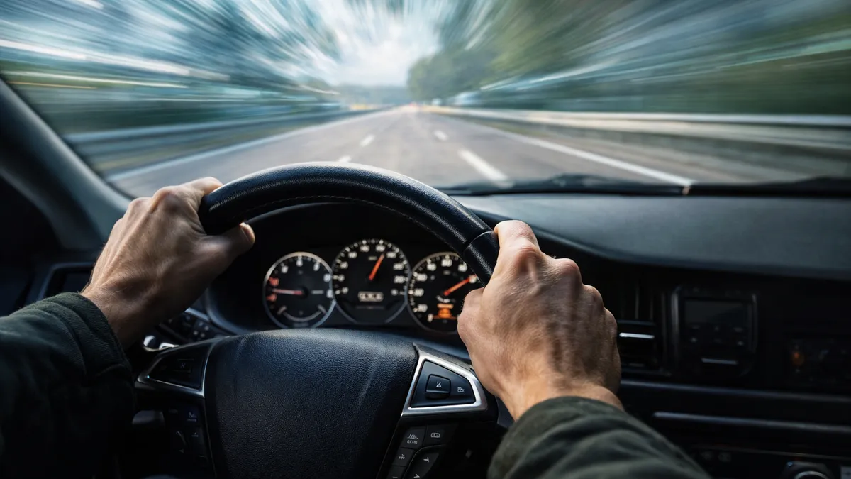 Hands gripping a vibrating steering wheel while driving on a highway