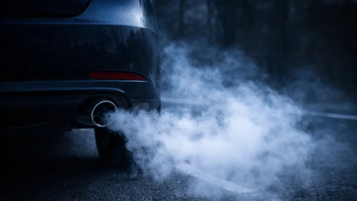 Thick white smoke billowing from a car exhaust pipe