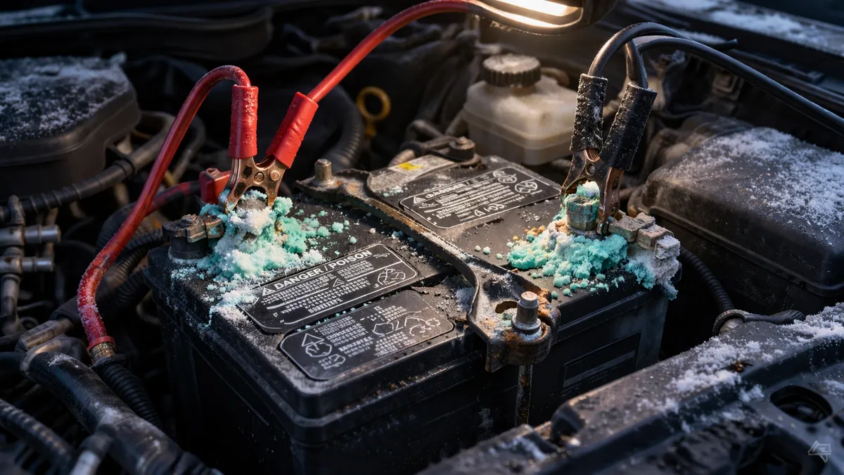 Close-up of corroded car battery terminals with jumper cables attached