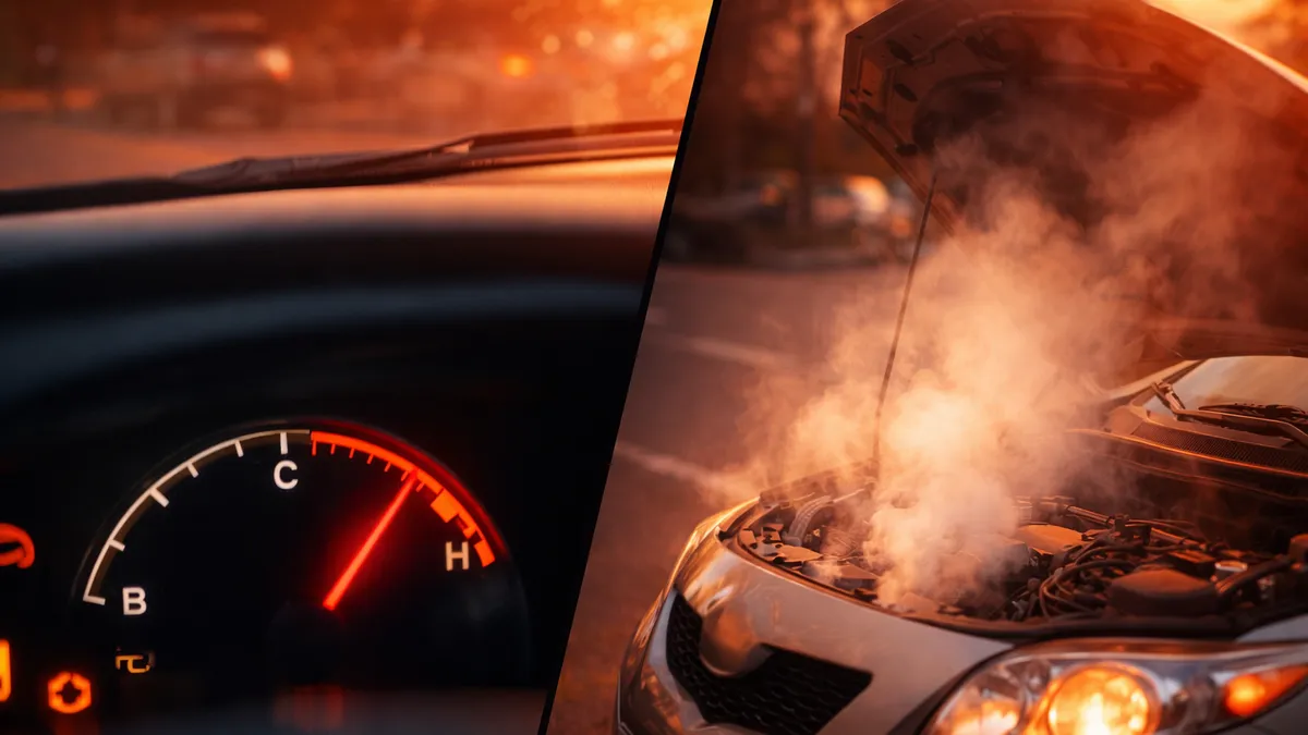 Steam rising from under an open car hood with temperature gauge in red