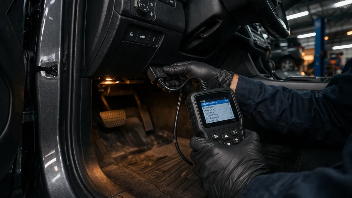 Mechanic plugging OBD-II diagnostic scanner into a vehicle for emissions testing