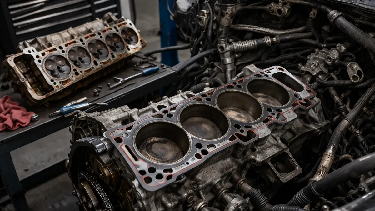 Disassembled engine with cylinder head removed showing the head gasket