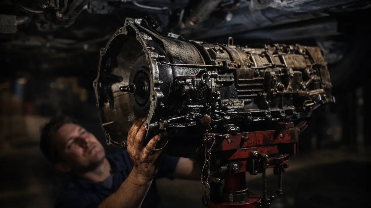 Transmission being lowered from a vehicle on a lift in a shop