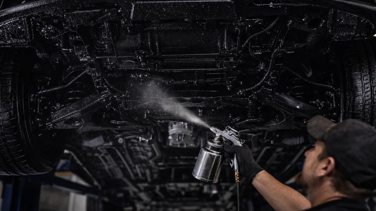 Vehicle undercarriage being sprayed with rubberized undercoating on a lift