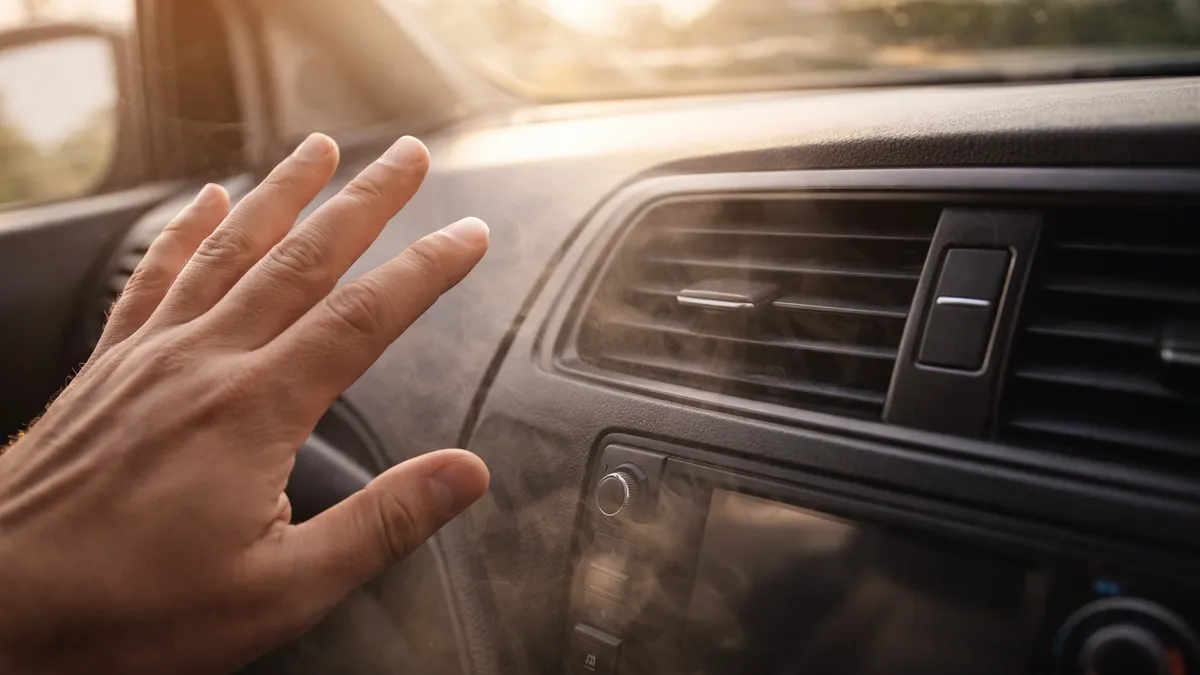 Hand testing weak airflow from a car AC vent on a warm day