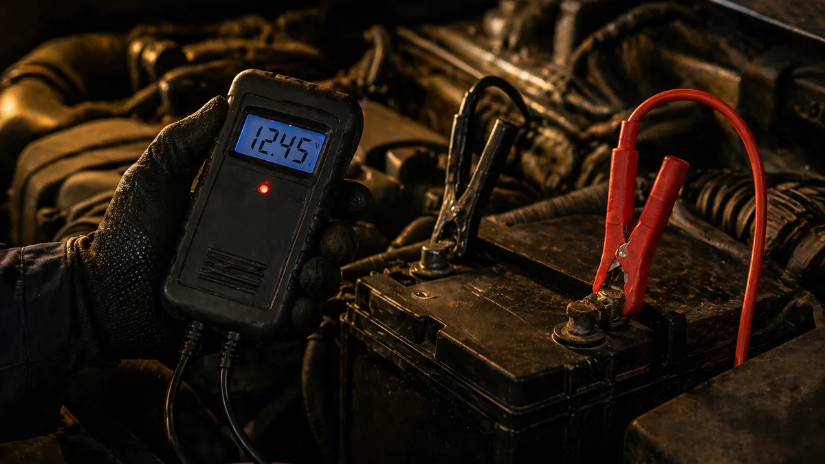 Mechanic using a digital battery tester clipped to a car battery in an open engine bay