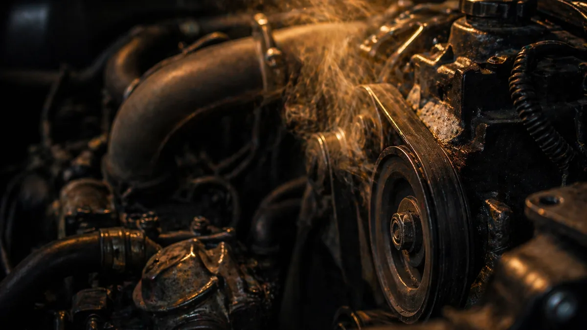 Close-up of an engine bay with faint smoke rising from a belt and pulley assembly