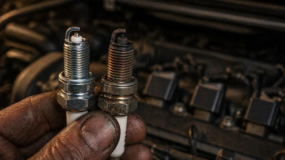 Mechanic holding a worn spark plug next to a new one against the backdrop of an open engine bay