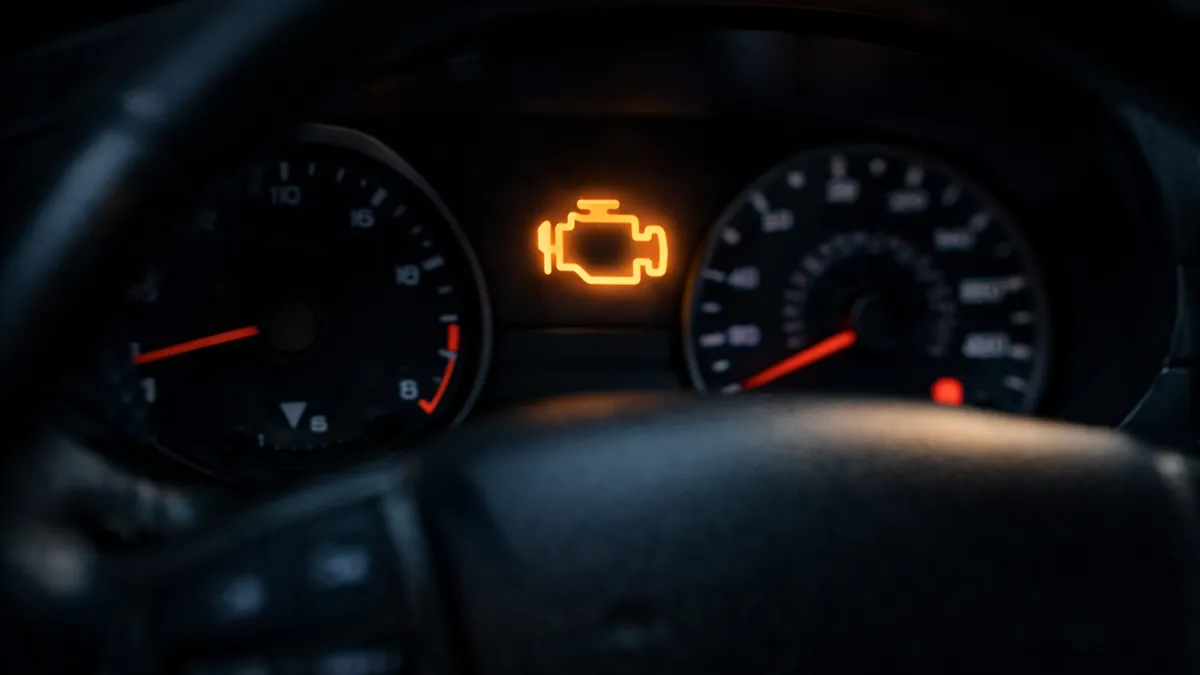 Illuminated check engine warning light on a car dashboard