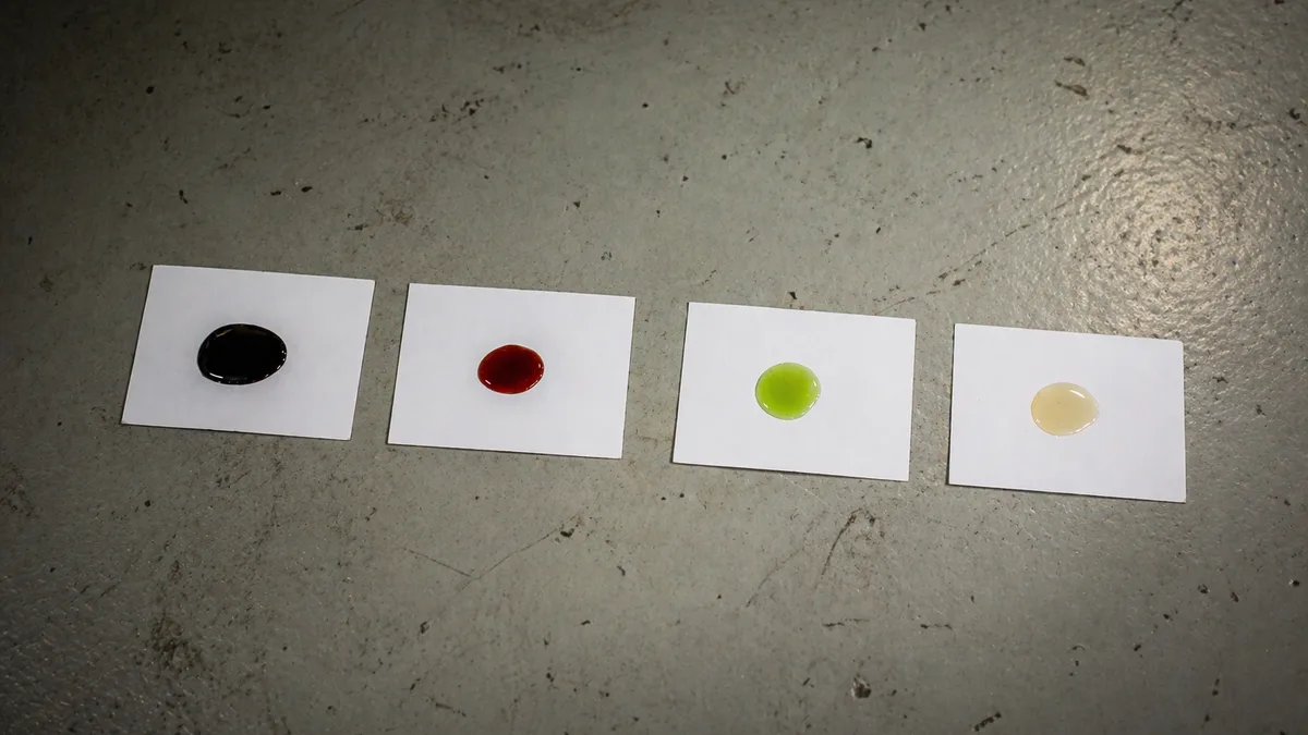 Drip pan positioned under a vehicle collecting fluid samples for leak identification