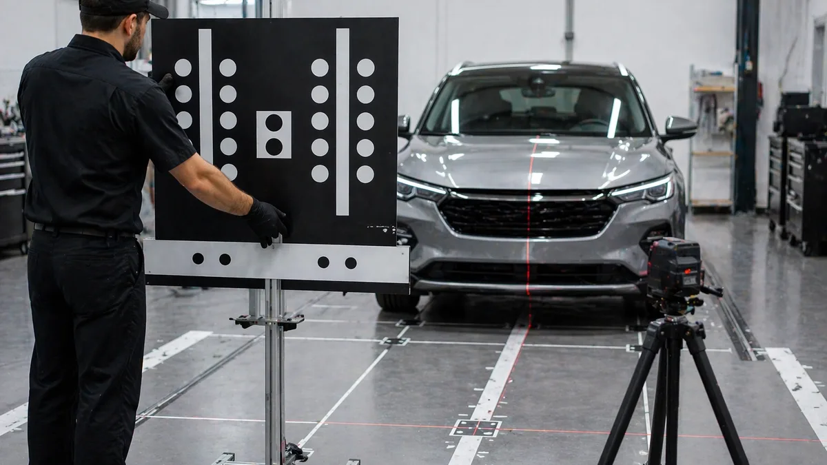 Technician aligning an ADAS calibration target board in front of a vehicle during a camera calibration procedure
