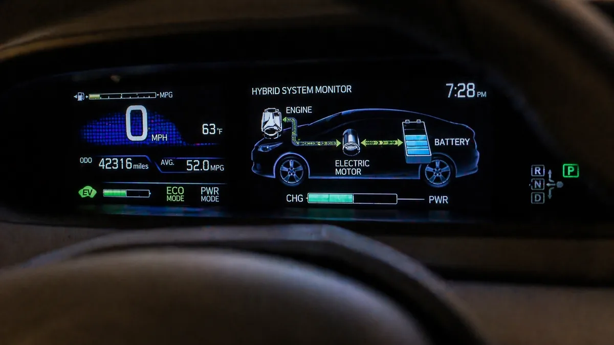 Toyota Prius or Camry Hybrid dashboard displaying the hybrid battery state-of-charge indicator with fluctuating levels
