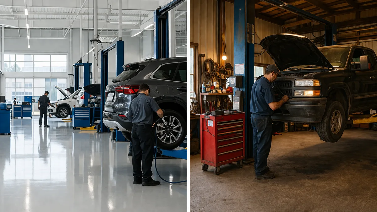 Side-by-side comparison of a dealership service bay with uniformed technicians and an independent repair shop with a family-owned feel