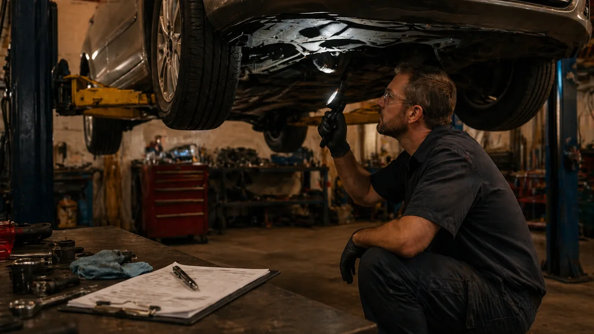 Mechanic with a flashlight inspecting the underside of a used car on a lift during a pre-purchase inspection