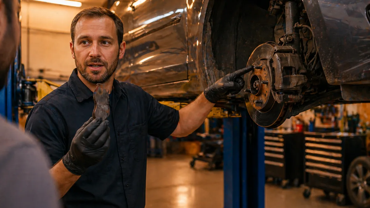 Mechanic showing a worn brake pad to a customer next to the vehicle on a lift in a well-lit shop