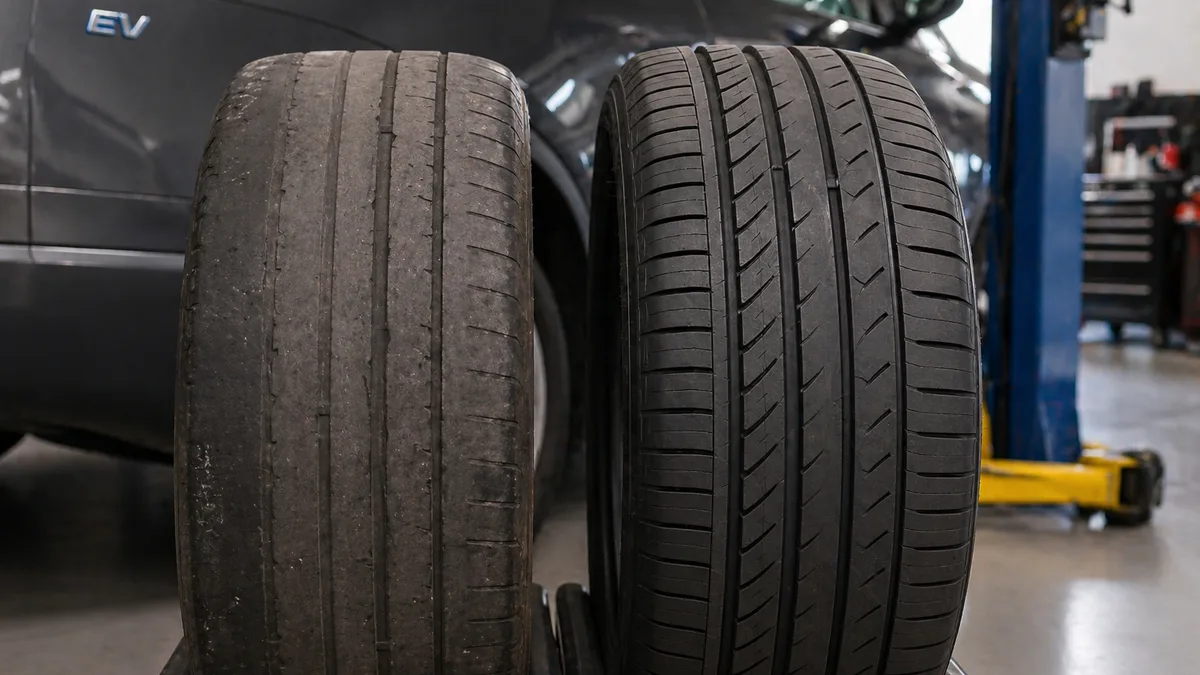 Close-up of a worn electric vehicle tire being inspected for tread depth next to a new EV-specific tire
