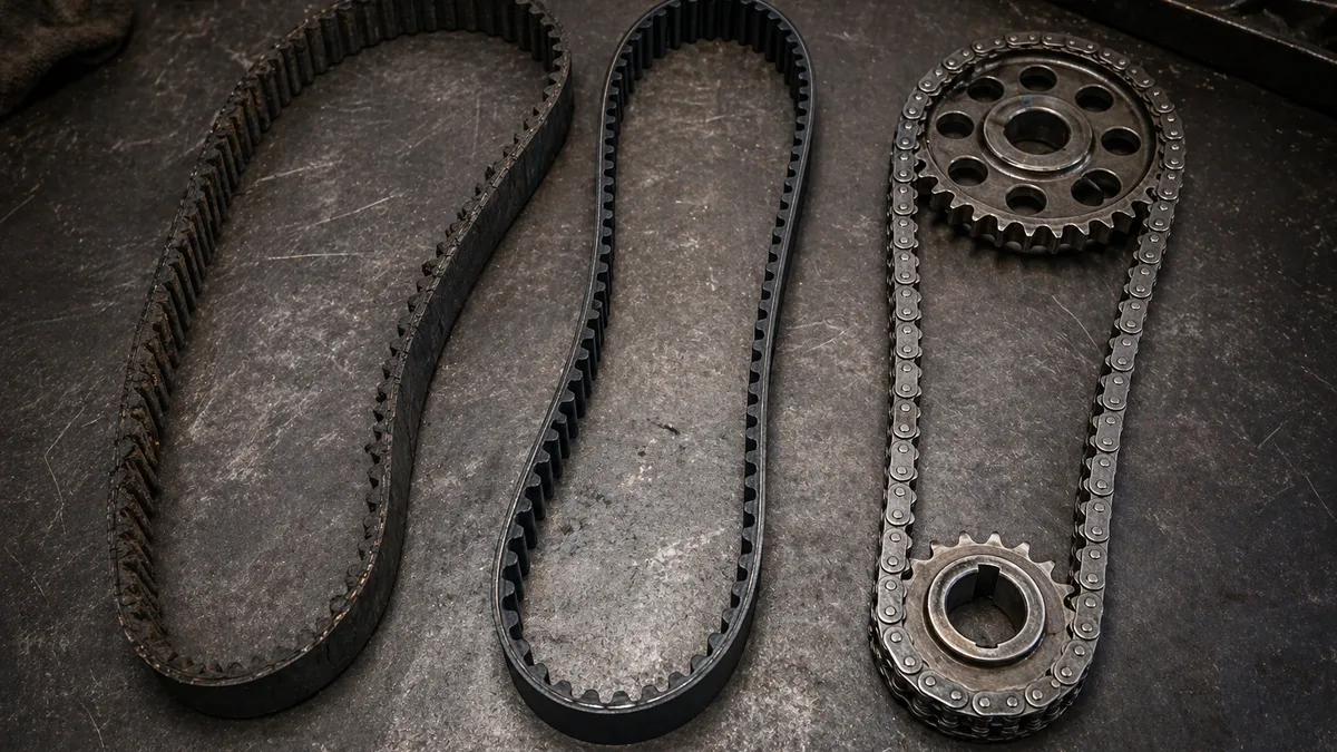 Close-up of a worn timing belt next to a new one with timing chain components visible in the background