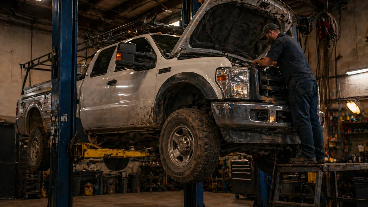 Diesel pickup truck on a lift with technician checking DEF fluid and fuel filter system