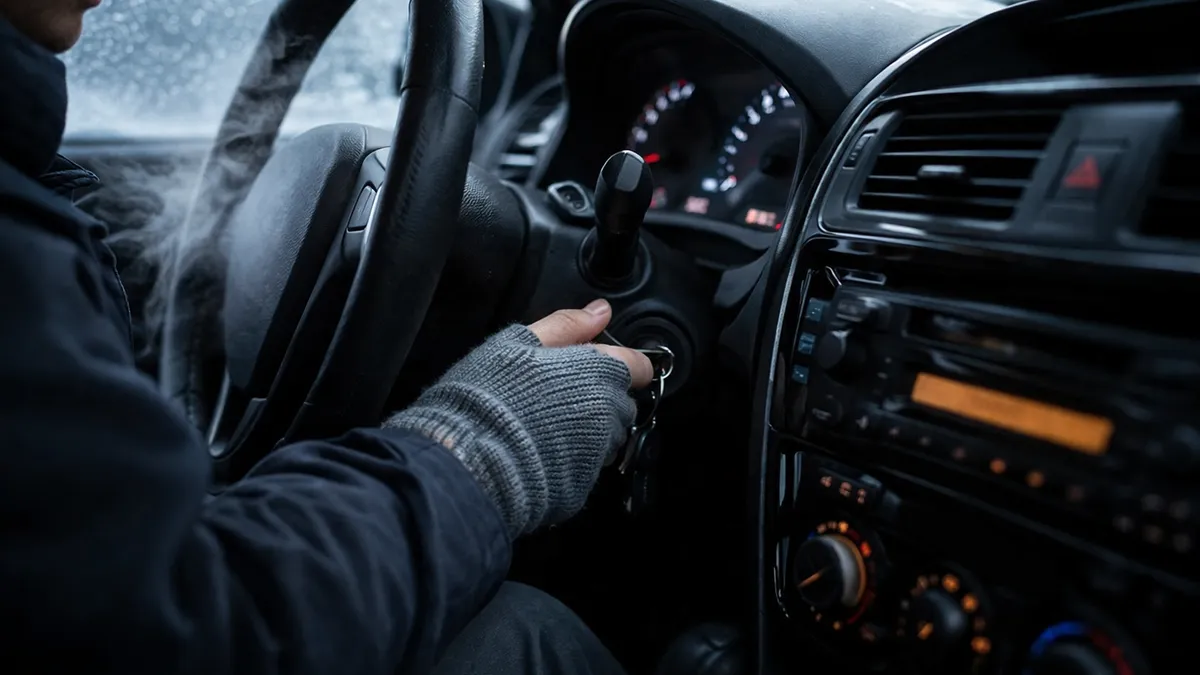 Person attempting to start a car on a frosty winter morning