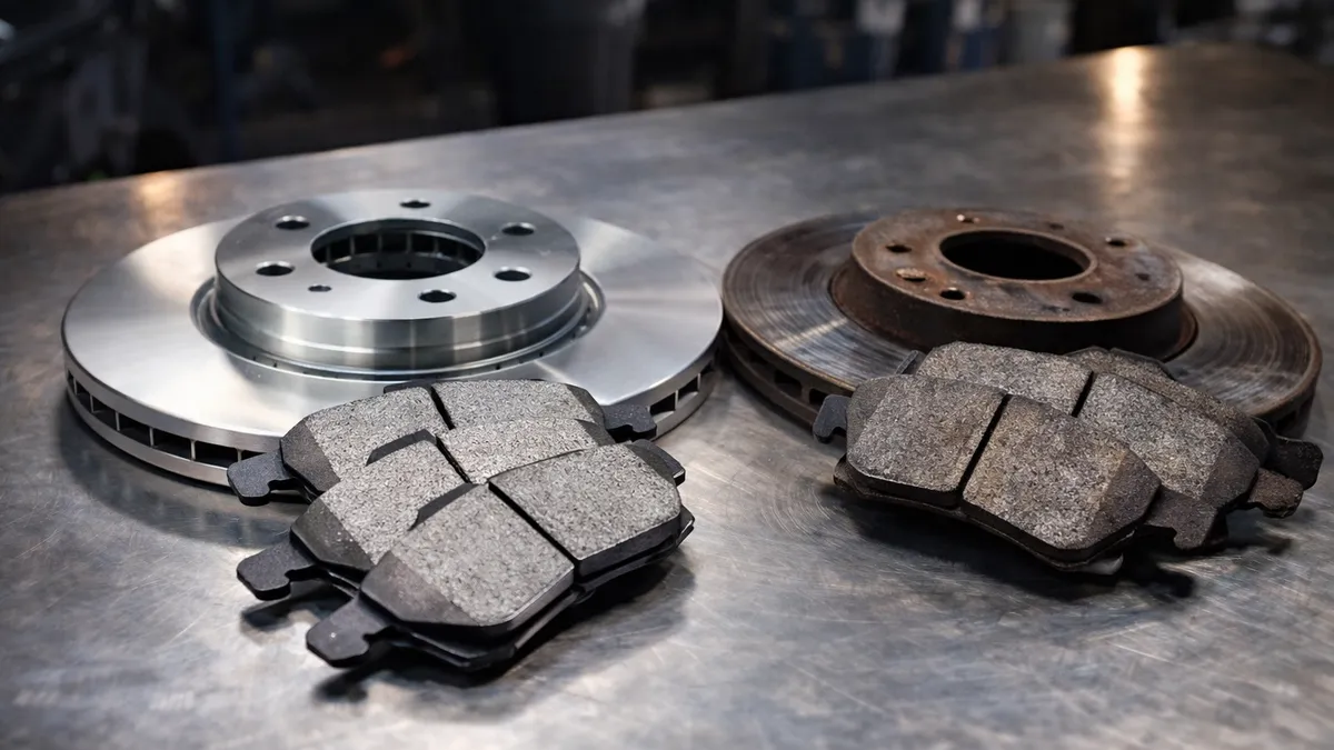 New brake pads and rotor next to worn parts on a shop workbench