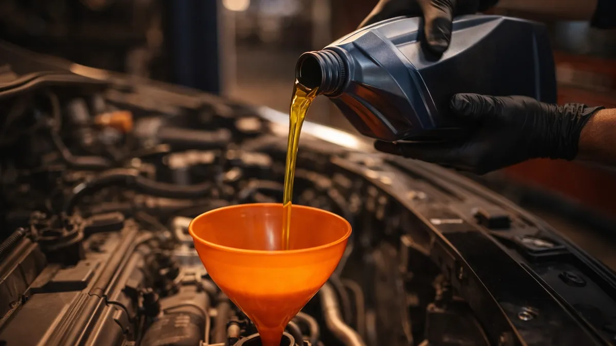 Mechanic pouring fresh motor oil into an engine during an oil change