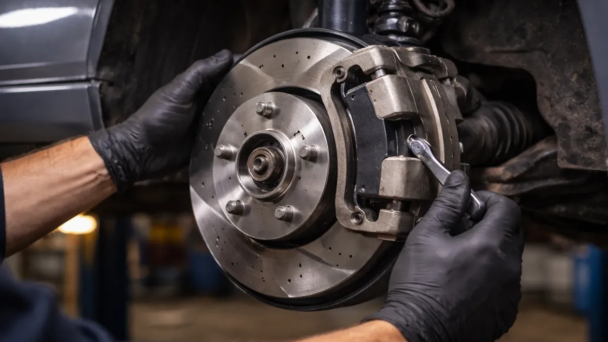 Mechanic installing new brake pads and rotor on a vehicle
