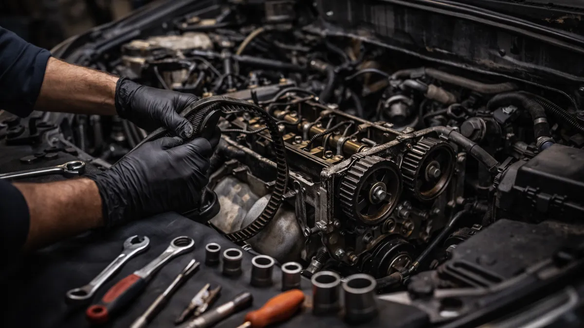 Mechanic performing engine repair work under the hood