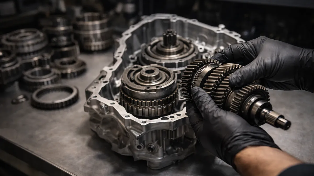 Transmission components on a workbench during a rebuild