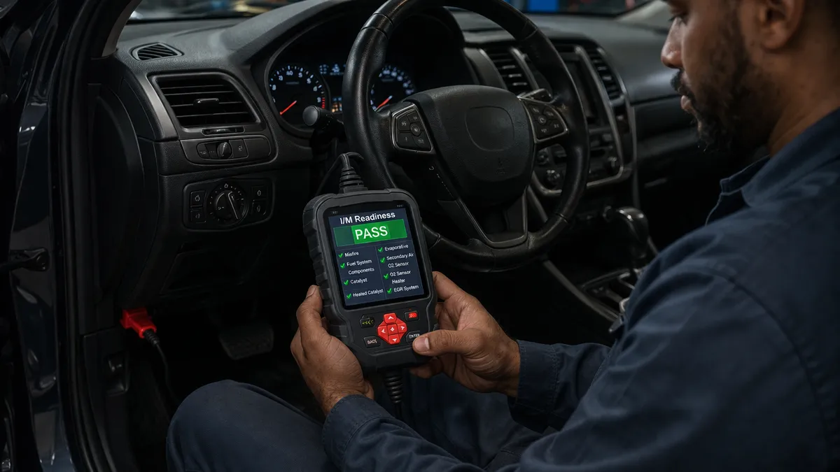 Mechanic using OBD-II scanner for Connecticut emissions testing