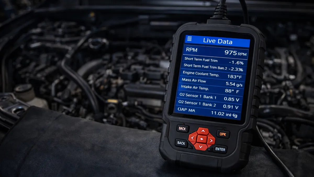 Professional diagnostic scan tool displaying live engine data
